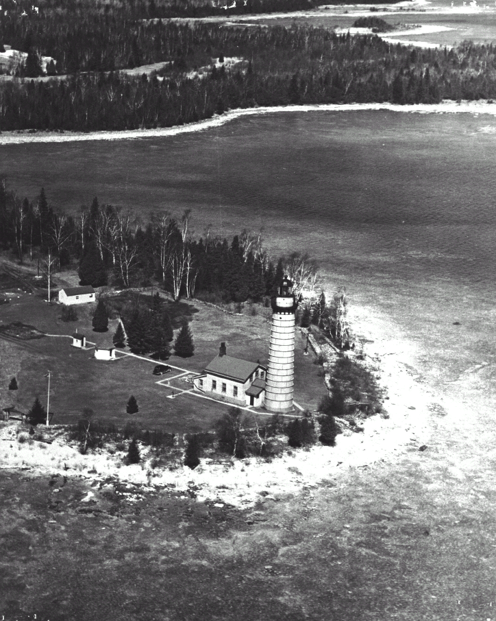 Historical photo of lighthouse and island